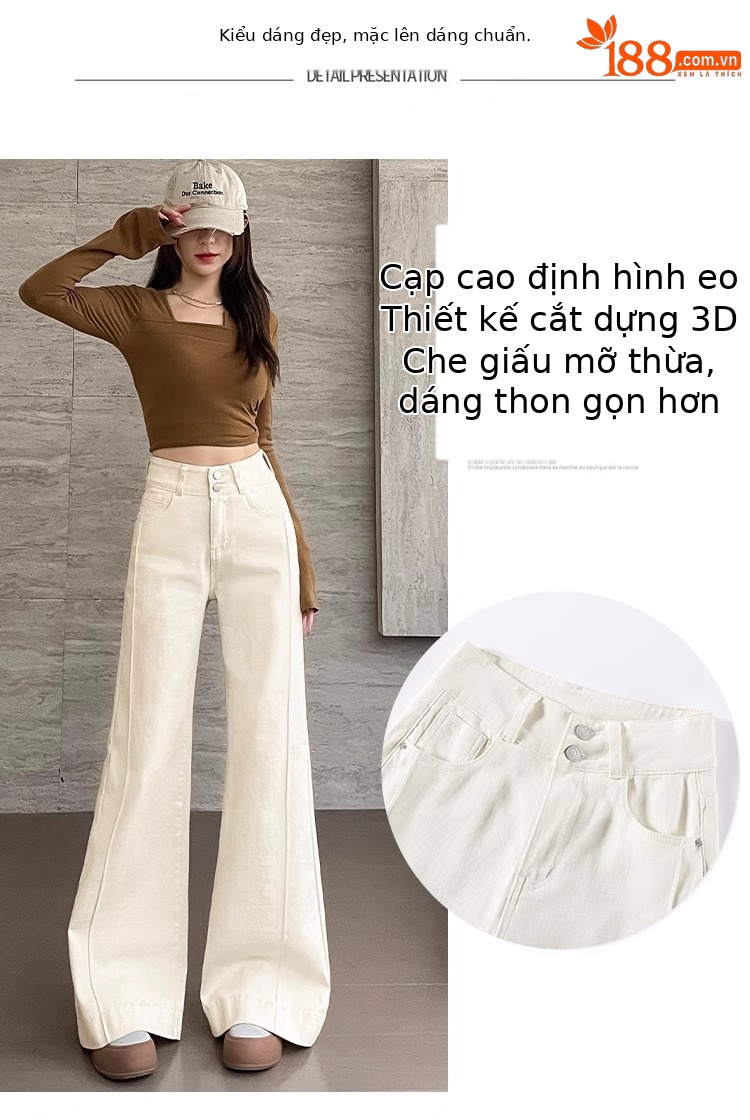 Quần jean nữ ống loe cạp cao dáng suông ôm nhẹ — Màu be [bình thường] chi tiết 7