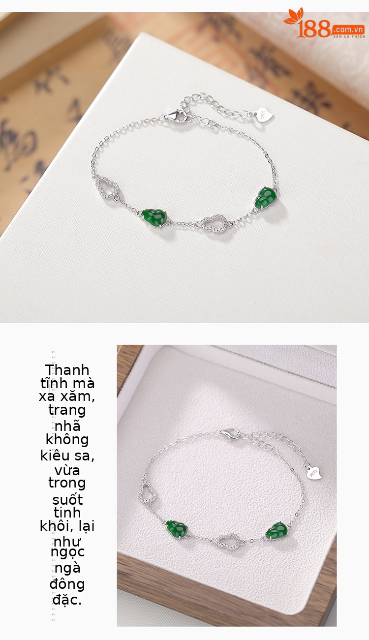 Vòng tay bạc S925 đính ngọc bích xanh phong cách Trung Quốc Fulu rỗng — Mẫu ngọc bích nước xanh chi tiết 3