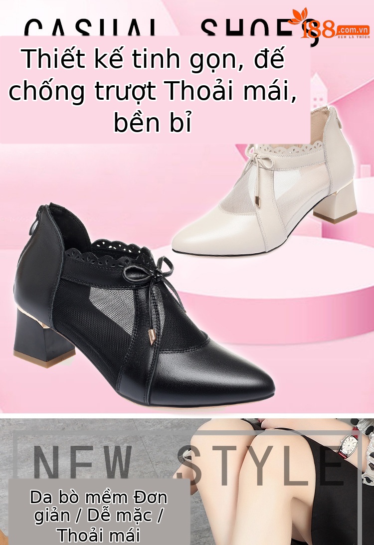 Dép sandal nữ quai chữ V mũi kín da thật gót dày — Màu be chi tiết 1
