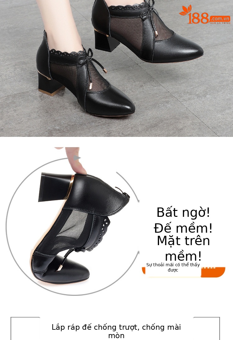 Dép sandal nữ quai chữ V mũi kín da thật gót dày — Màu be chi tiết 3