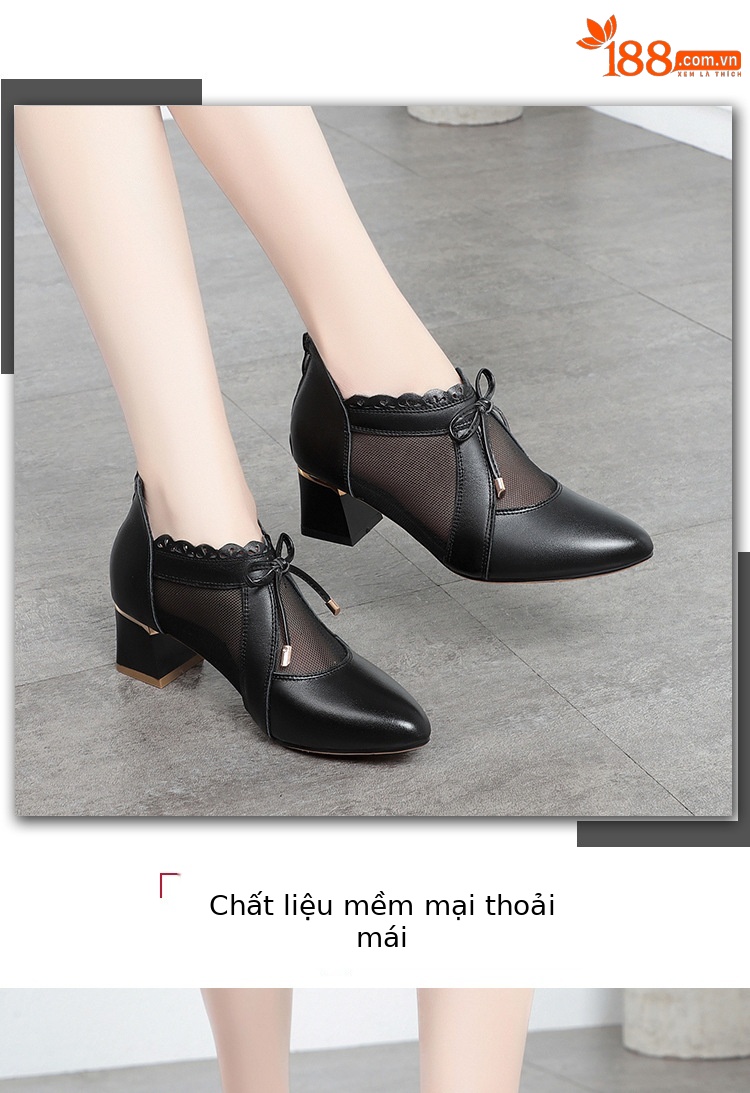 Dép sandal nữ quai chữ V mũi kín da thật gót dày — Màu be chi tiết 6