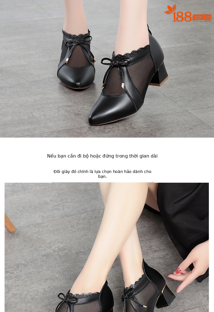 Dép sandal nữ quai chữ V mũi kín da thật gót dày — Màu be chi tiết 7