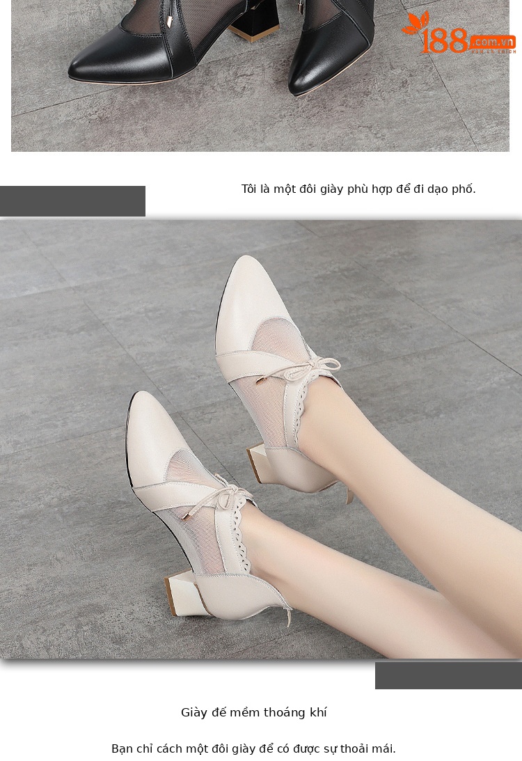 Dép sandal nữ quai chữ V mũi kín da thật gót dày — Màu be chi tiết 8