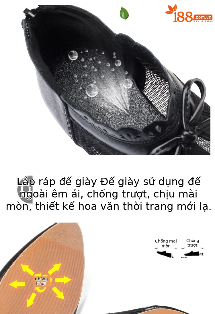 Dép sandal nữ quai chữ V mũi kín da thật gót dày — Màu be chi tiết 13