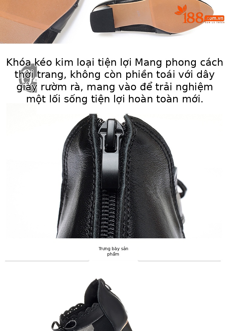 Dép sandal nữ quai chữ V mũi kín da thật gót dày — Màu be chi tiết 14
