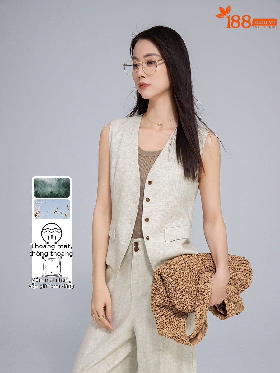 Áo vest gile nữ ngắn tay phong cách cổ điển chất liệu lanh Tencel — Gai Thật Màu