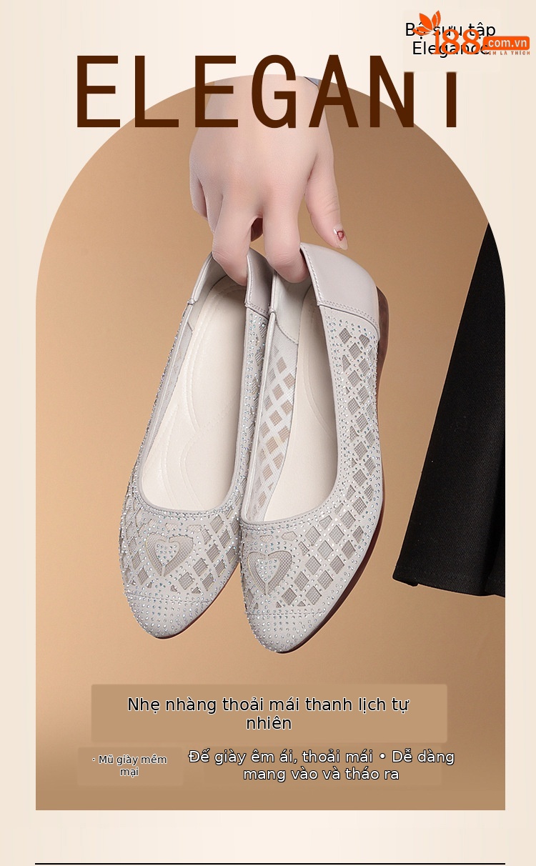 Sandal nữ da thật mũi tròn đính đá đế bệt thoáng khí — Màu be chi tiết 1