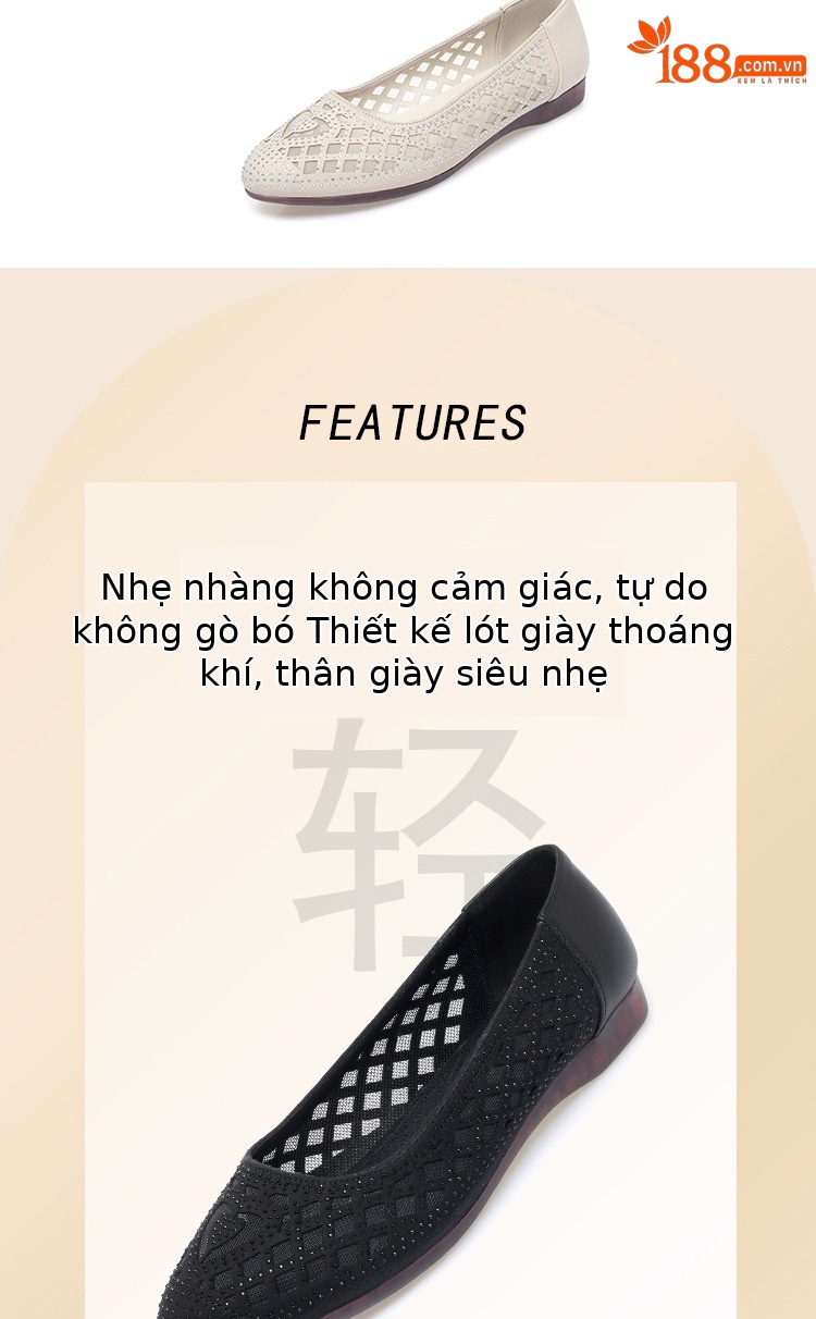 Sandal nữ da thật mũi tròn đính đá đế bệt thoáng khí — Màu be chi tiết 5
