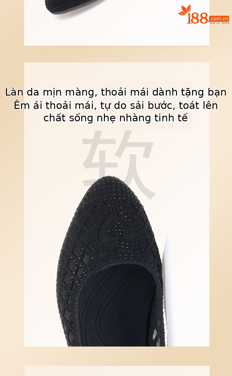 Sandal nữ da thật mũi tròn đính đá đế bệt thoáng khí — Màu be chi tiết 6
