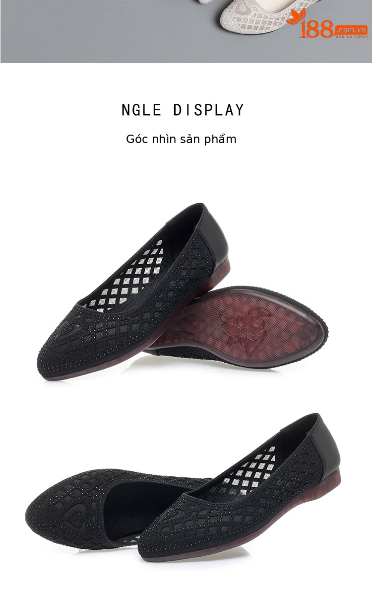 Sandal nữ da thật mũi tròn đính đá đế bệt thoáng khí — Màu be chi tiết 15