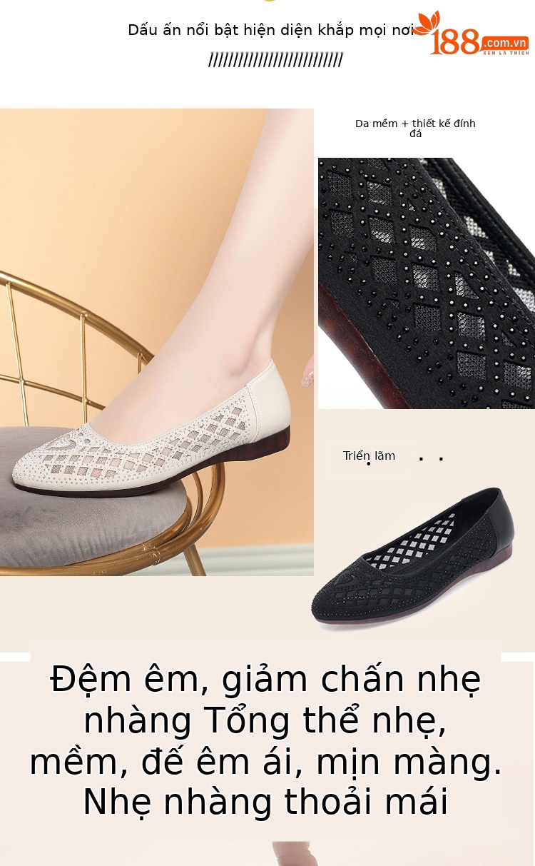 Sandal nữ da thật mũi tròn đính đá đế bệt thoáng khí — Màu be chi tiết 3