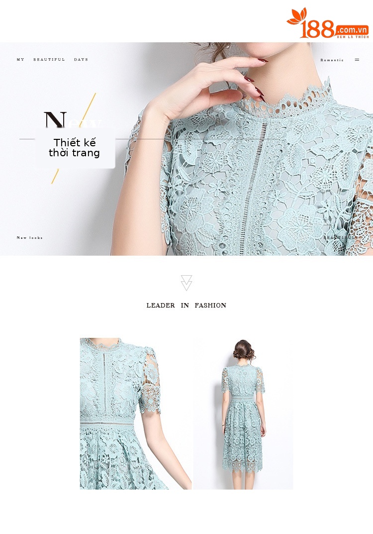 Váy liền ren hòa tan nước phong cách Pháp, cổ điển thanh lịch, thêu rỗng, dáng dài tôn dáng — Màu xanh lá chi tiết 2