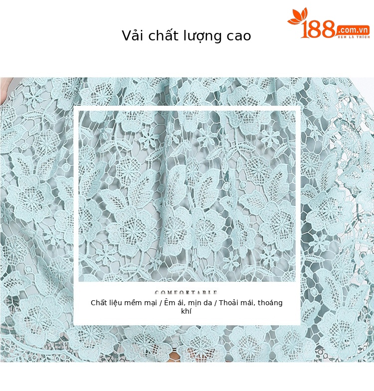 Váy liền ren hòa tan nước phong cách Pháp, cổ điển thanh lịch, thêu rỗng, dáng dài tôn dáng — Màu xanh lá chi tiết 5