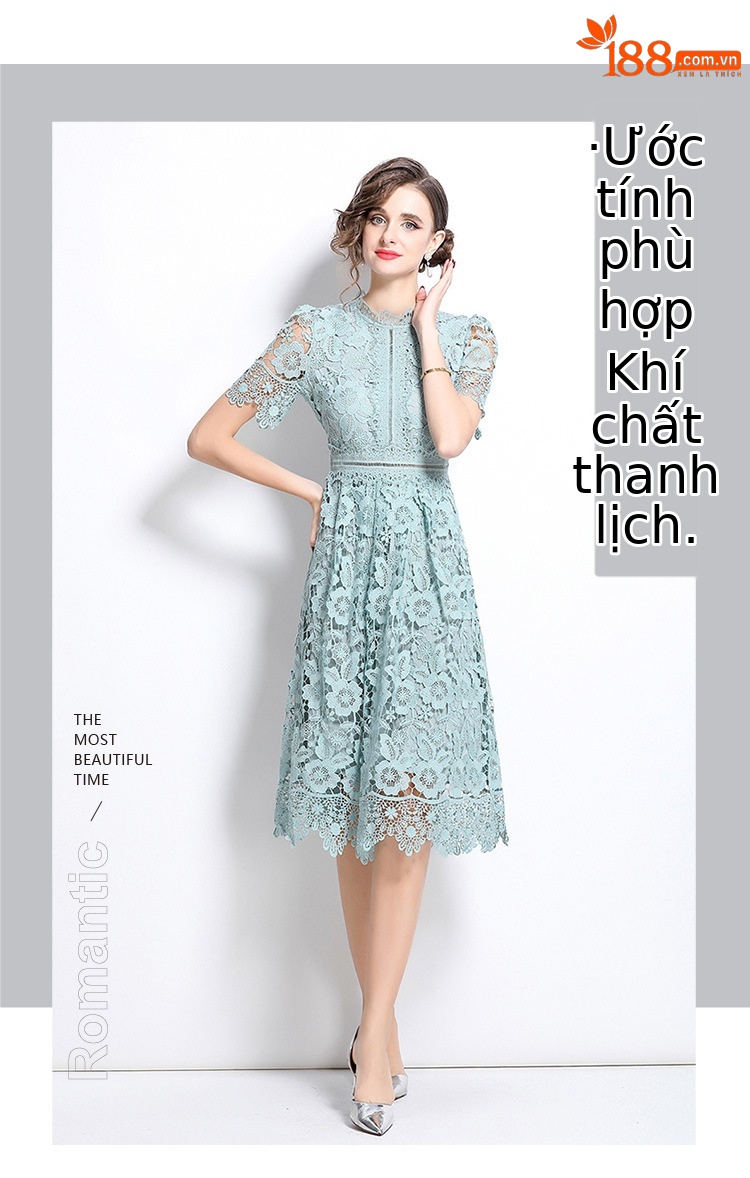 Váy liền ren hòa tan nước phong cách Pháp, cổ điển thanh lịch, thêu rỗng, dáng dài tôn dáng — Màu xanh lá chi tiết 6