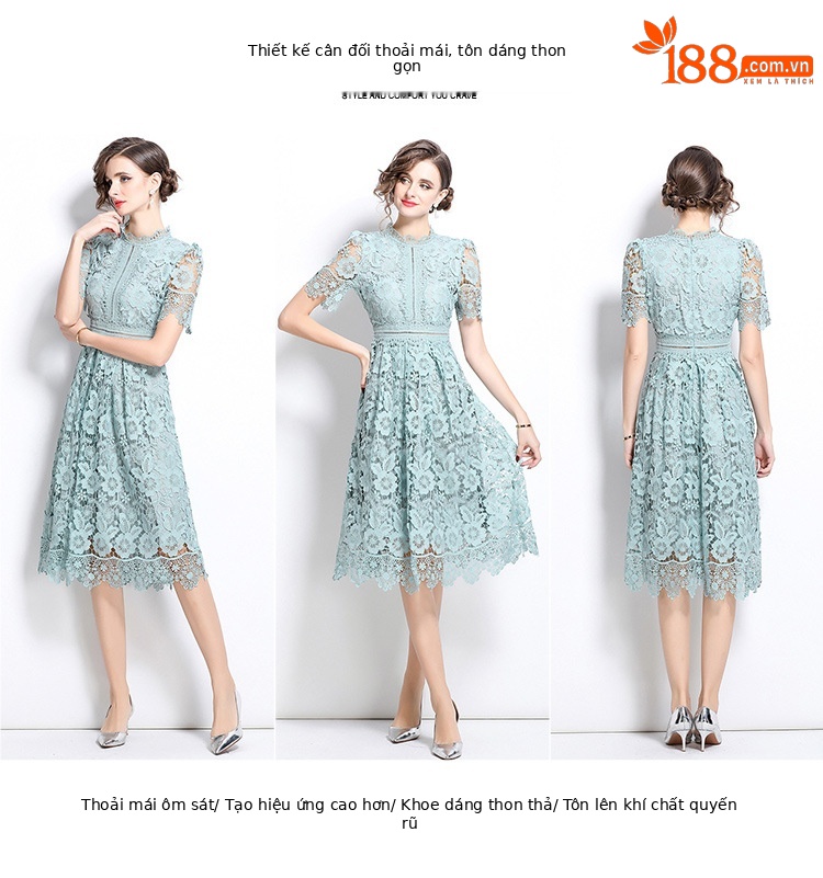 Váy liền ren hòa tan nước phong cách Pháp, cổ điển thanh lịch, thêu rỗng, dáng dài tôn dáng — Màu xanh lá chi tiết 7