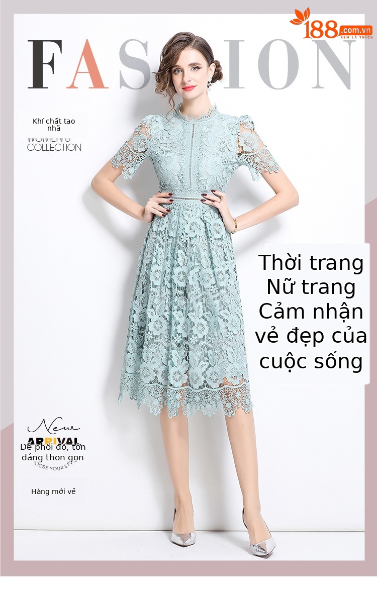 Váy liền ren hòa tan nước phong cách Pháp, cổ điển thanh lịch, thêu rỗng, dáng dài tôn dáng — Màu xanh lá chi tiết 1
