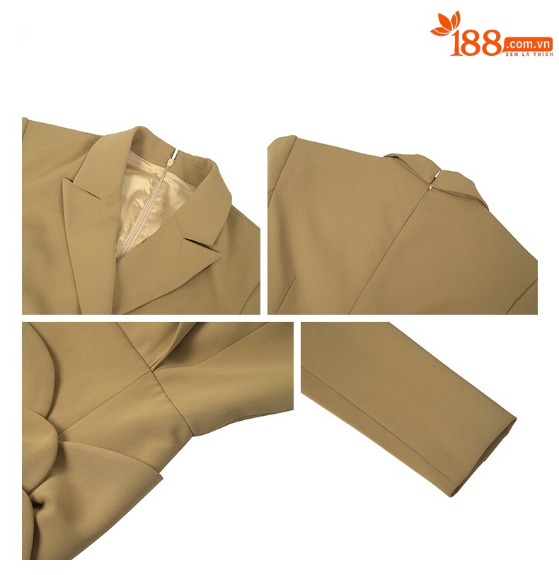 Đầm blazer nữ cổ điển Pháp cổ ve họa tiết hoa eo thon ôm dáng — Màu camel chi tiết 2