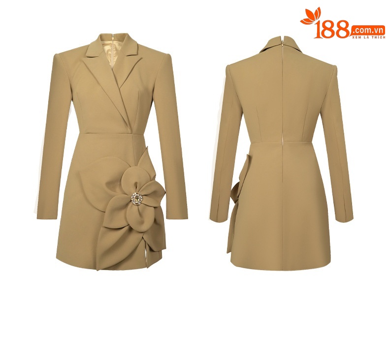 Đầm blazer nữ cổ điển Pháp cổ ve họa tiết hoa eo thon ôm dáng — Màu camel chi tiết 3