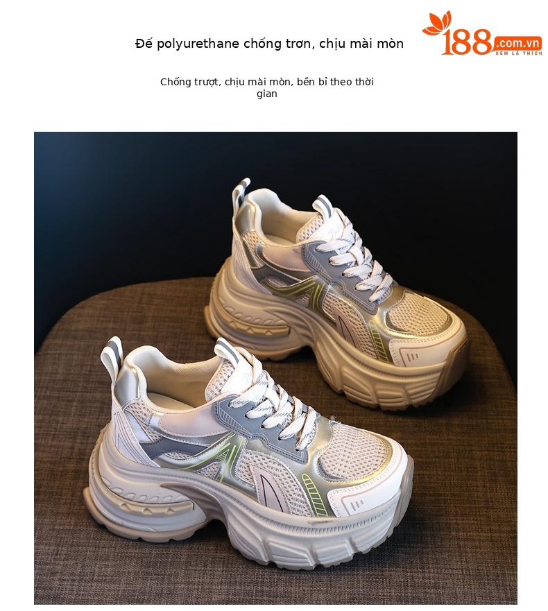 Giày sneaker nữ chunky đế dày mặt lưới thoáng khí độn cao bên trong — Màu vàng chi tiết 5