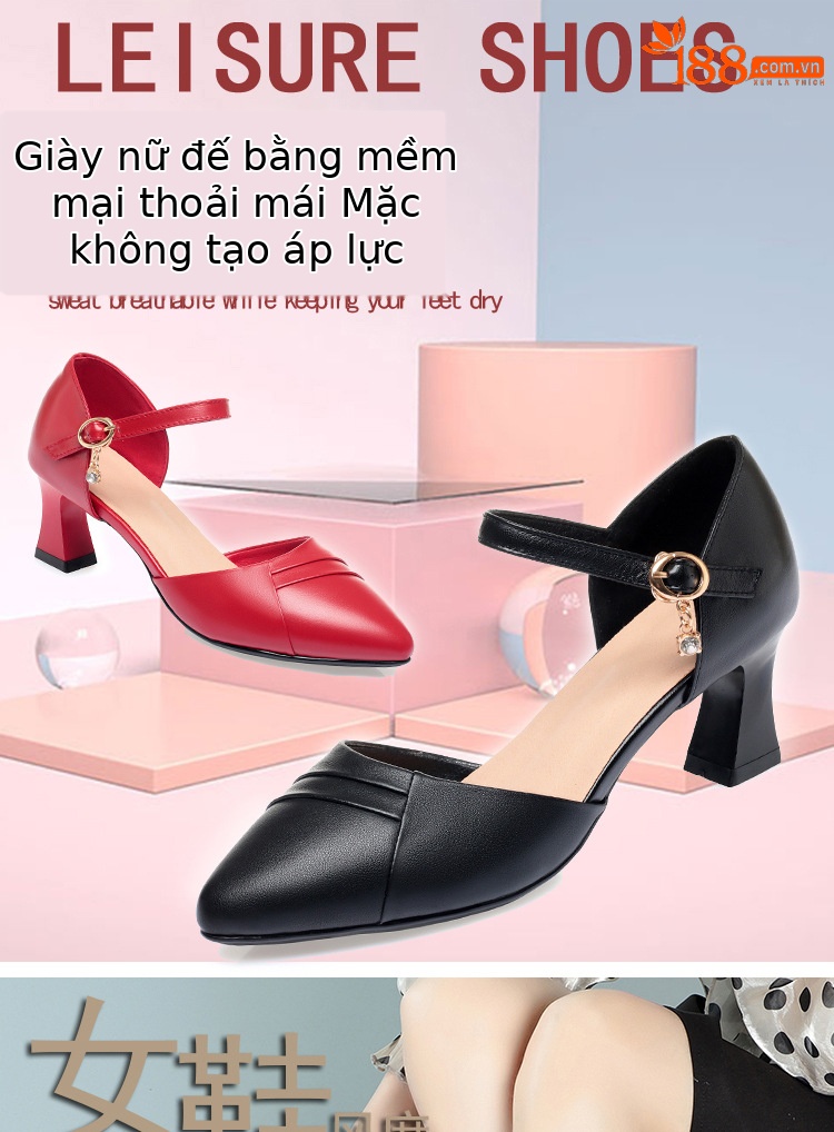 Dép sandal nữ quai chữ V mũi hở, gót dày da thật, giày công sở mùa hè — Màu be chi tiết 1