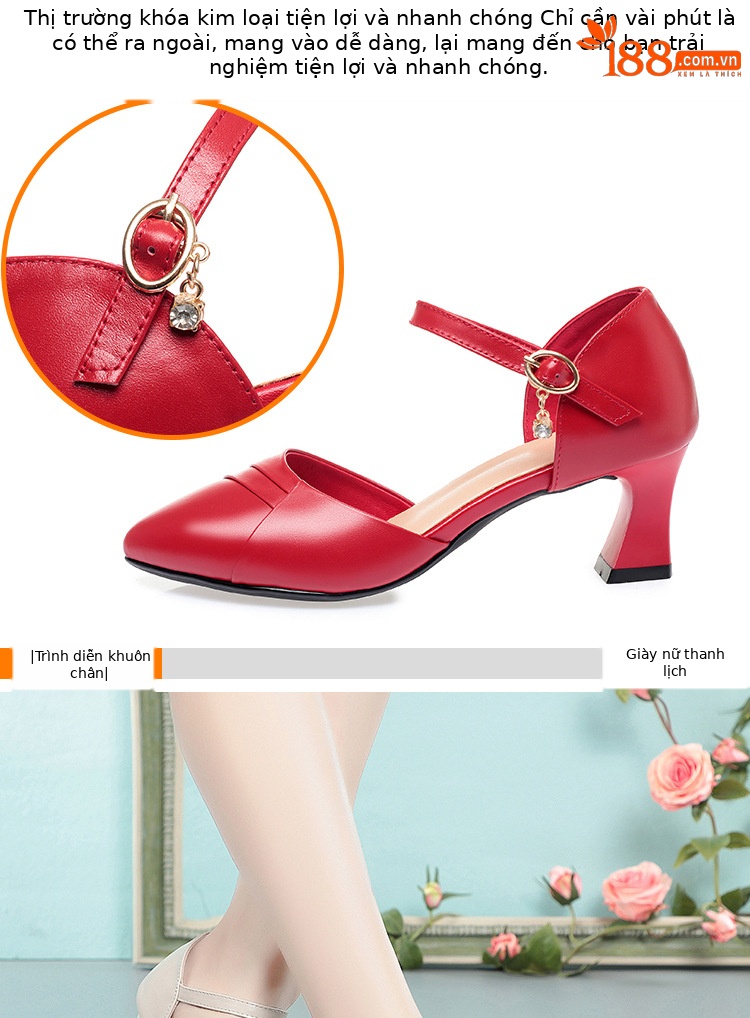 Dép sandal nữ quai chữ V mũi hở, gót dày da thật, giày công sở mùa hè — Màu be chi tiết 7