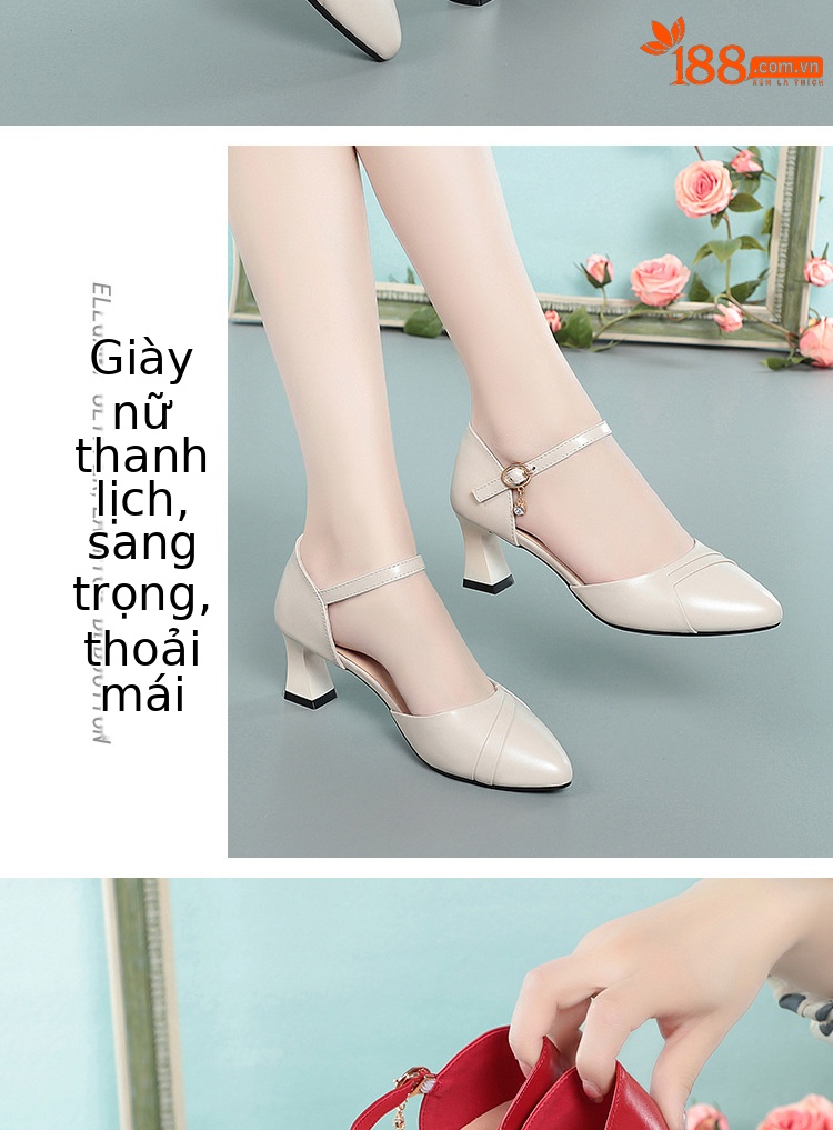 Dép sandal nữ quai chữ V mũi hở, gót dày da thật, giày công sở mùa hè — Màu be chi tiết 9