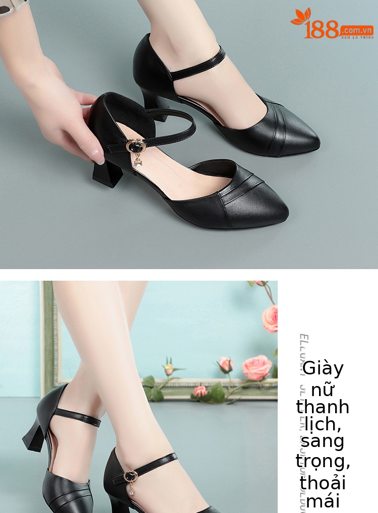 Dép sandal nữ quai chữ V mũi hở, gót dày da thật, giày công sở mùa hè — Màu be chi tiết 12