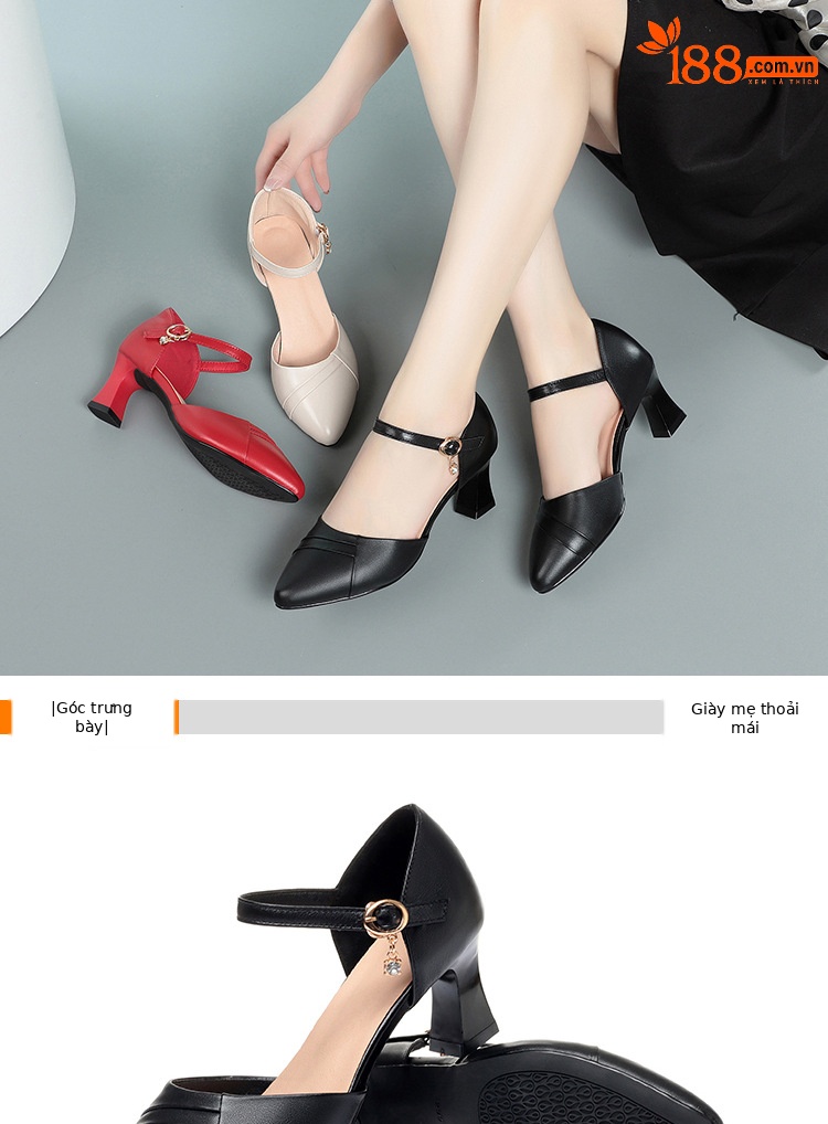 Dép sandal nữ quai chữ V mũi hở, gót dày da thật, giày công sở mùa hè — Màu be chi tiết 14