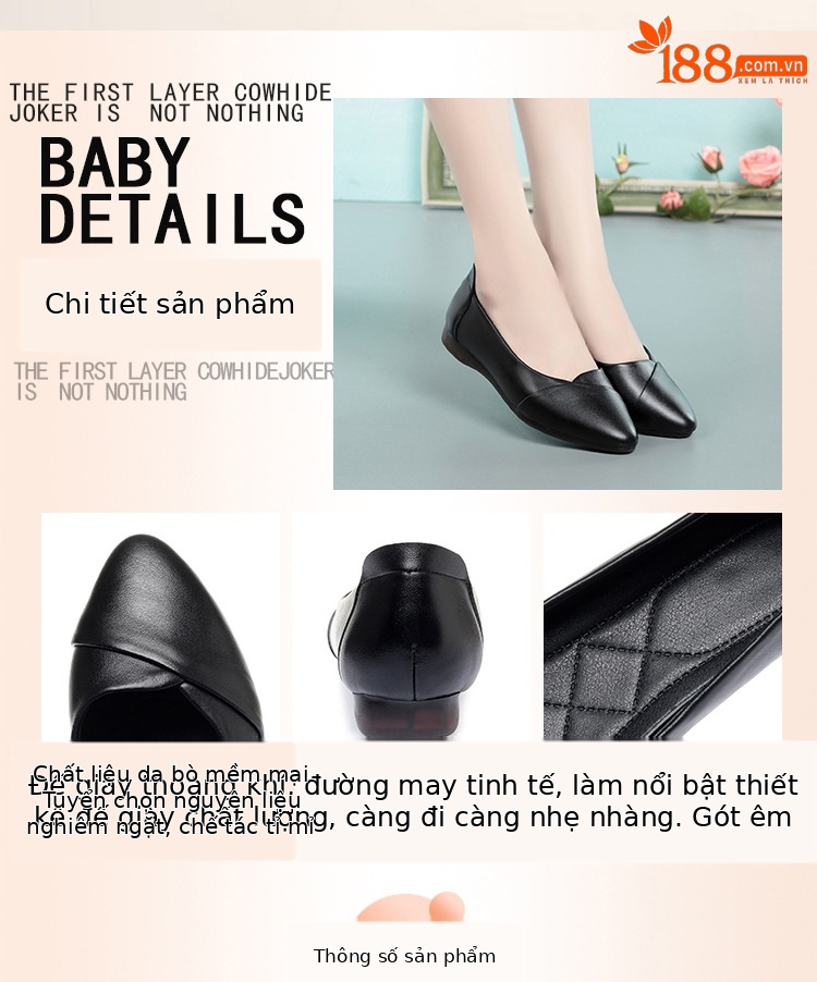 Giày cao gót nữ da thật đế thấp mũi tròn bít, phù hợp công sở và đi lại hằng ngày — Màu đen chi tiết 2
