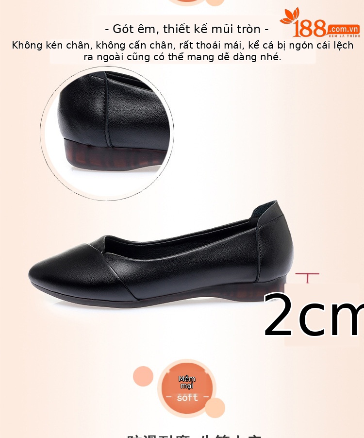 Giày cao gót nữ da thật đế thấp mũi tròn bít, phù hợp công sở và đi lại hằng ngày — Màu đen chi tiết 4