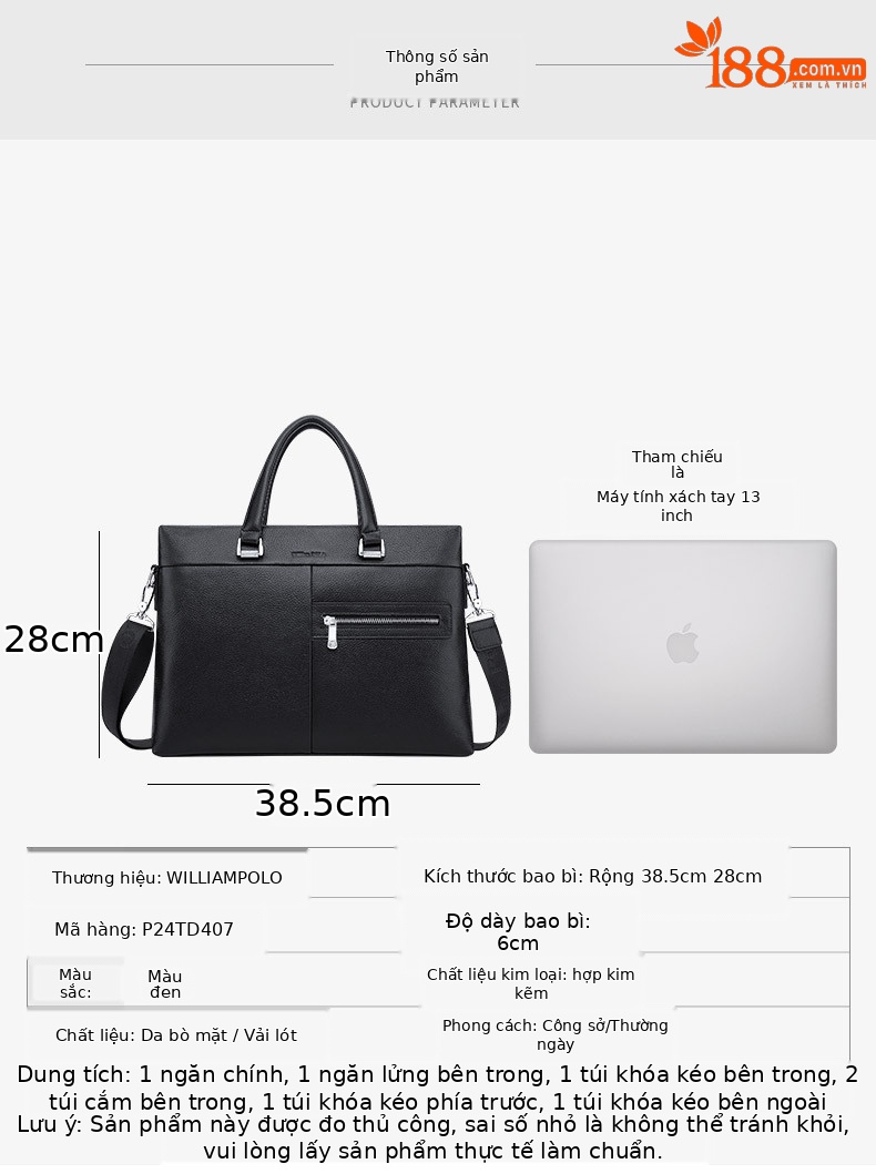 Cặp da bò lớp đầu Paul đựng laptop 15 inch công sở nam — Máy tính 15 inch màu đen chi tiết 8