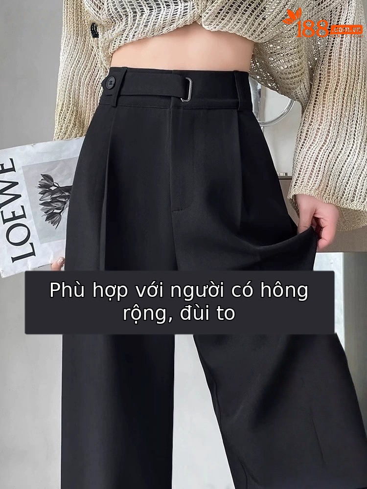 Quần tây nữ ống rộng cạp cao vải rủ mùa hè dáng suông thẳng — Black Petite [Lót lông cừu - Siêu dày]