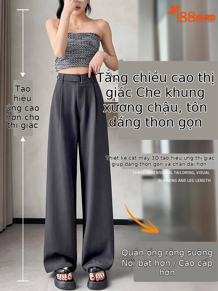 Quần tây nữ ống rộng cạp cao vải rủ mùa hè dáng suông thẳng — Black Petite [Lót lông cừu - Siêu dày]