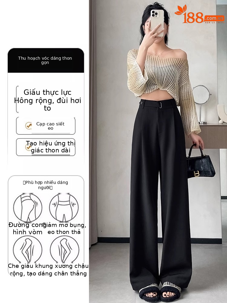 Quần tây nữ ống rộng cạp cao vải rủ mùa hè dáng suông thẳng — Black Petite [Lót lông cừu - Siêu dày]