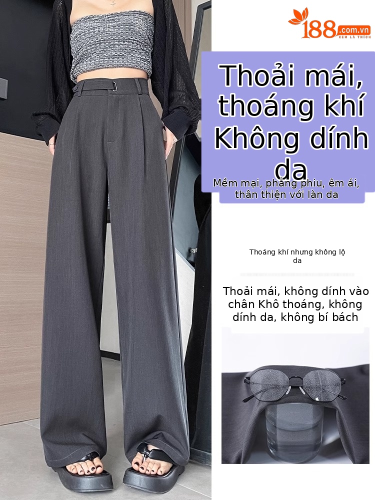 Quần tây nữ ống rộng cạp cao vải rủ mùa hè dáng suông thẳng — Black Petite [Lót lông cừu - Siêu dày]