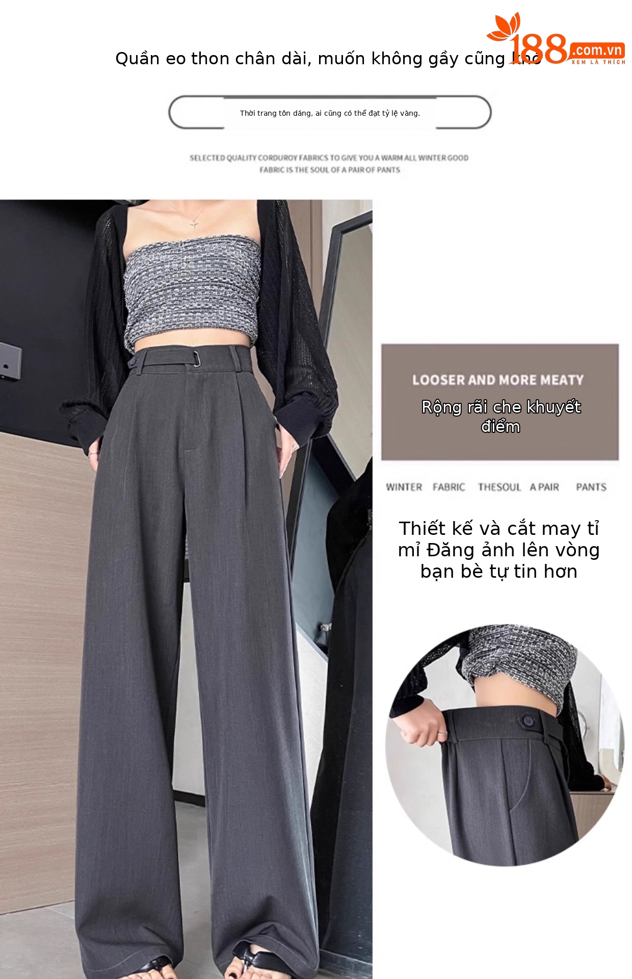 Quần tây nữ ống rộng cạp cao vải rủ mùa hè dáng suông thẳng — Black Petite [Lót lông cừu - Siêu dày] chi tiết 10