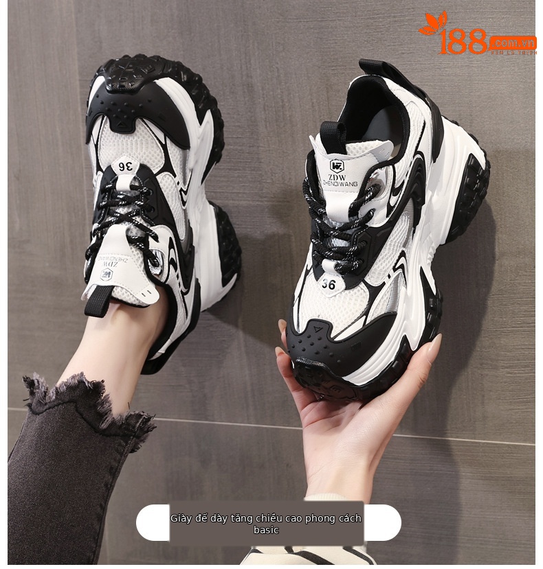 Giày sneaker nữ đế dày phối màu độn cao dáng người nhỏ lưới thoáng — Màu be chi tiết 1