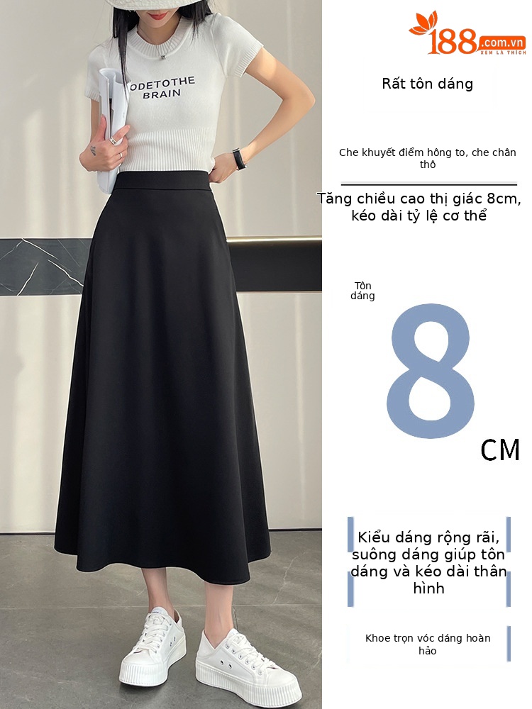Chân váy chữ A nữ cạp cao dáng dài, thiết kế xếp ly mềm mại, hiệu ứng thon gọn — màu đen