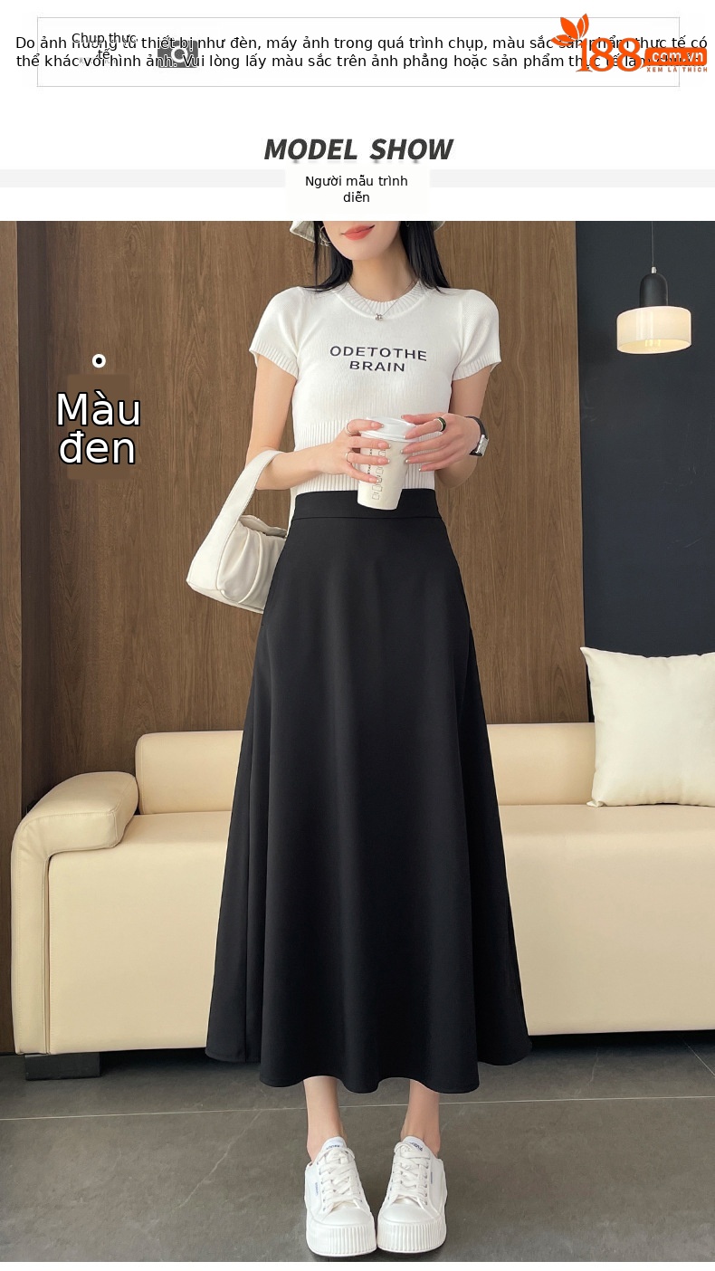 Chân váy chữ A nữ cạp cao dáng dài, thiết kế xếp ly mềm mại, hiệu ứng thon gọn — màu đen chi tiết 12