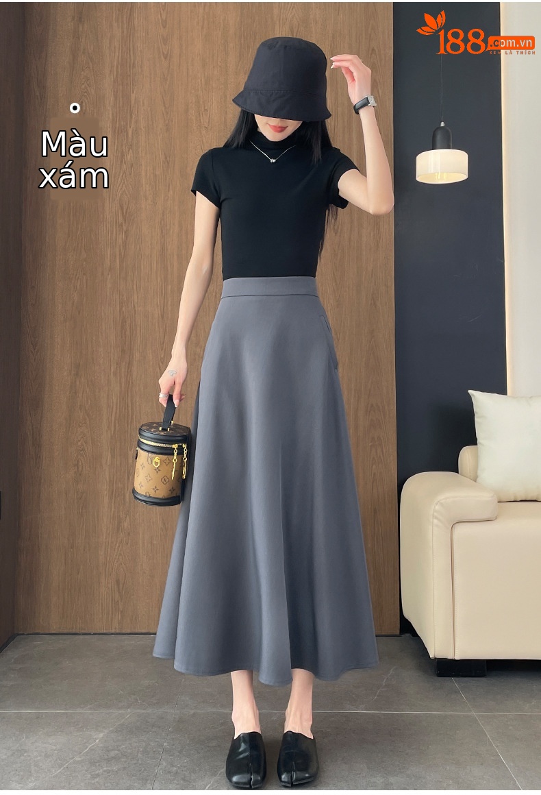 Chân váy chữ A nữ cạp cao dáng dài, thiết kế xếp ly mềm mại, hiệu ứng thon gọn — màu đen chi tiết 16