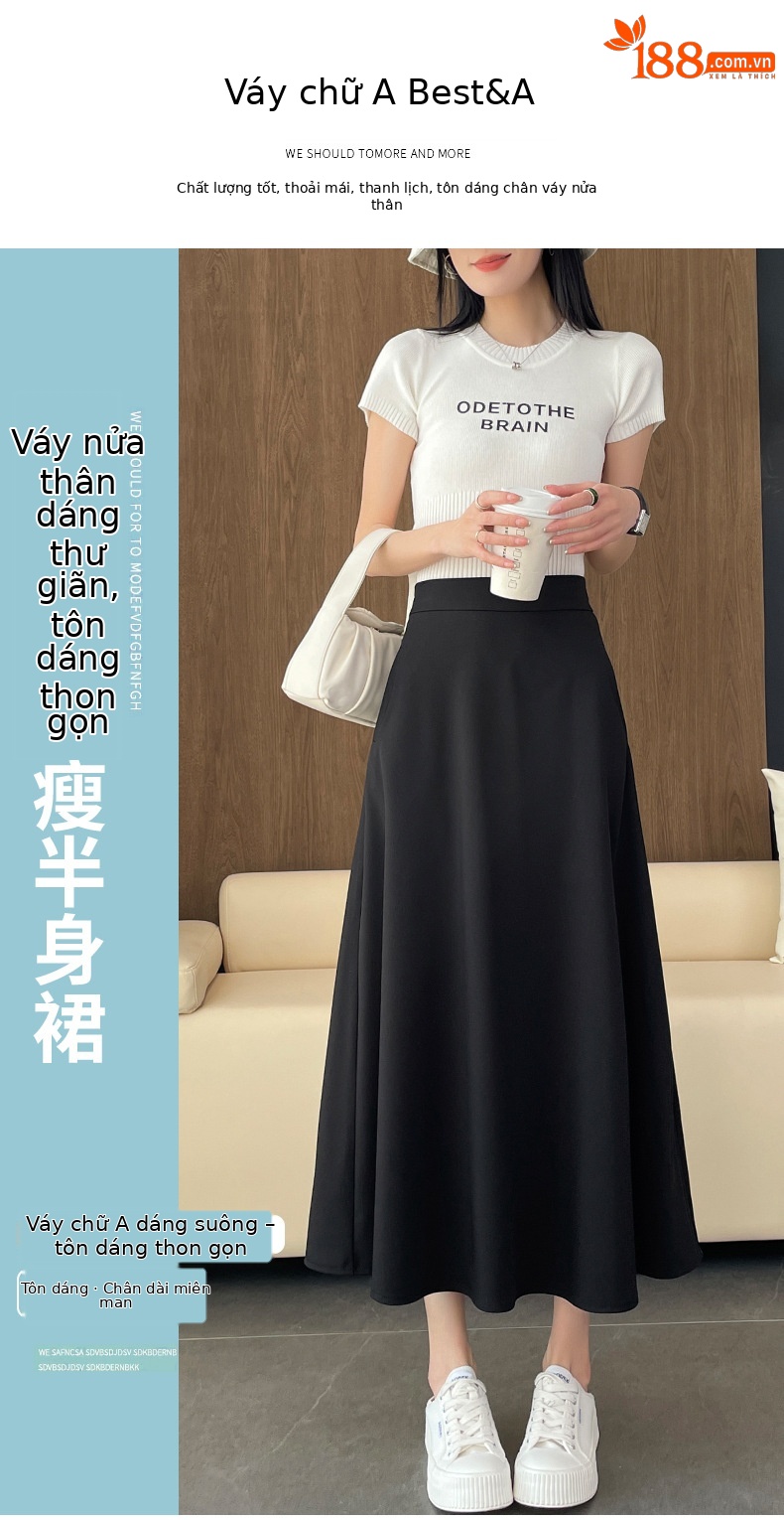 Chân váy chữ A nữ cạp cao dáng dài, thiết kế xếp ly mềm mại, hiệu ứng thon gọn — màu đen chi tiết 1