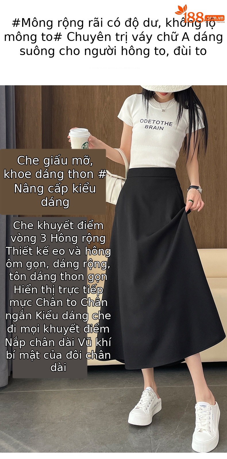 Chân váy chữ A nữ cạp cao dáng dài, thiết kế xếp ly mềm mại, hiệu ứng thon gọn — màu đen chi tiết 2