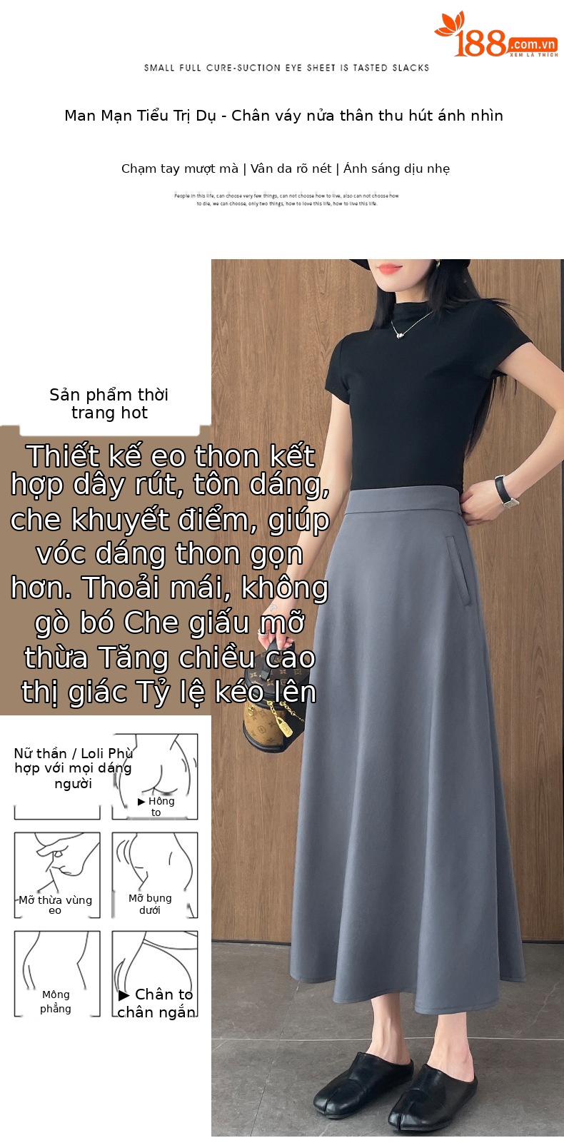 Chân váy chữ A nữ cạp cao dáng dài, thiết kế xếp ly mềm mại, hiệu ứng thon gọn — màu đen chi tiết 3