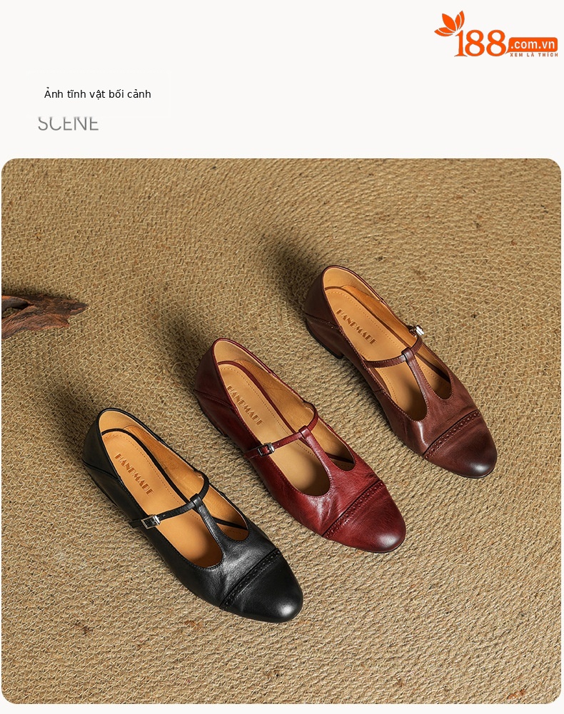 Giày Mary Jane nữ da bò gót vuông quai chữ T phong cách cổ điển — Màu nâu chi tiết 20