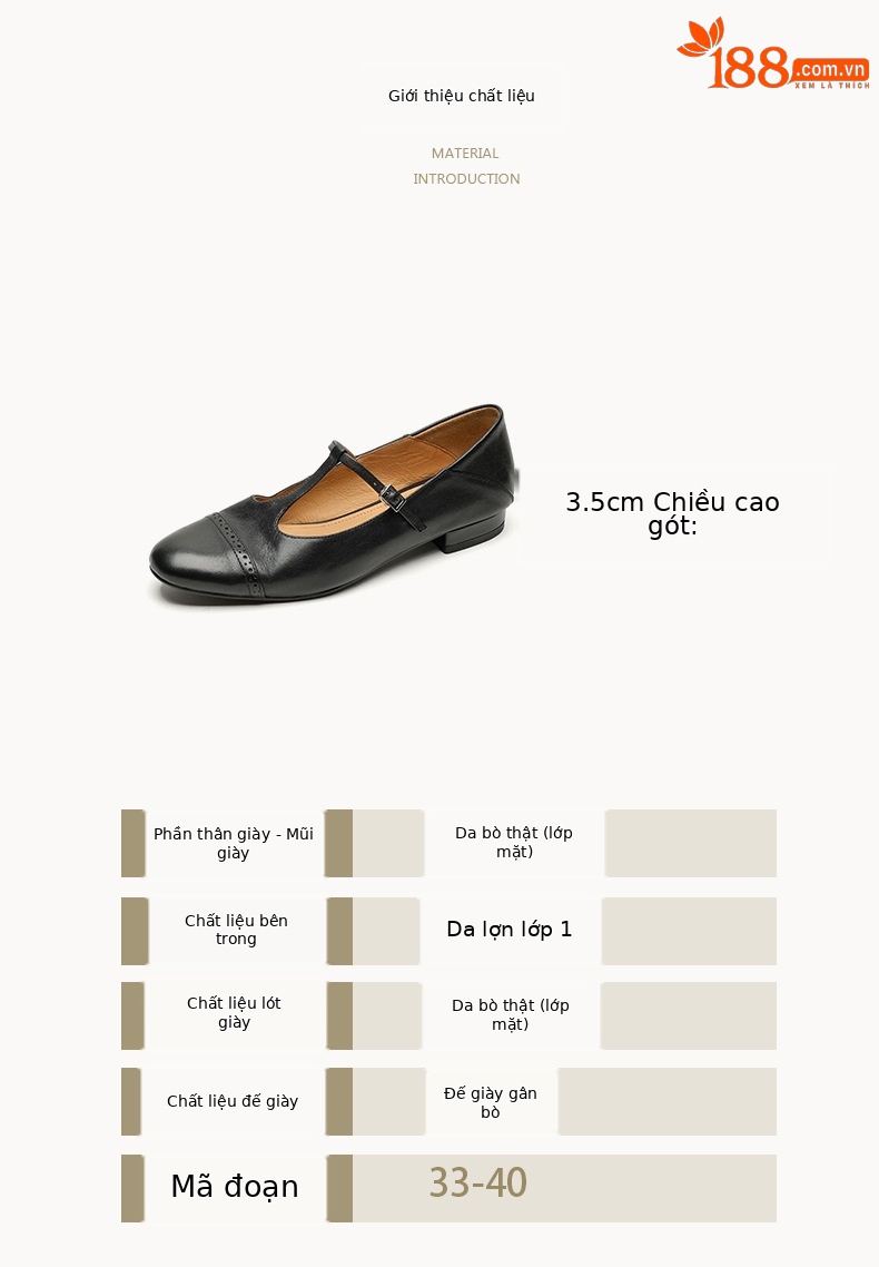 Giày Mary Jane nữ da bò gót vuông quai chữ T phong cách cổ điển — Màu nâu chi tiết 4
