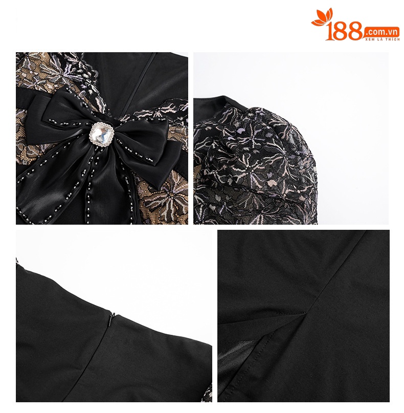 Đầm ôm body nữ phong cách trưởng thành, tay ngắn, cổ tròn, eo ren kết nơ, phối ren cut-out, ôm hông — màu đen chi tiết 1