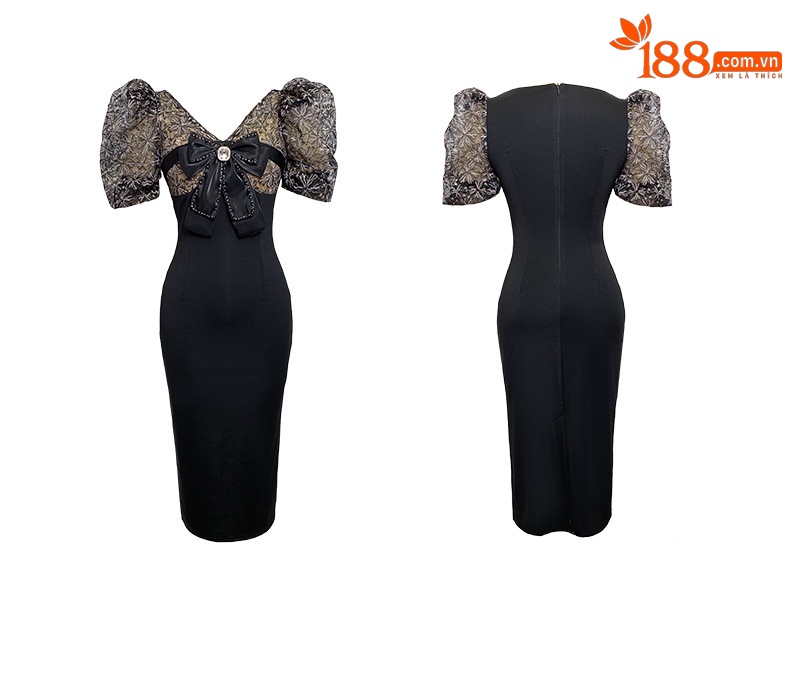 Đầm ôm body nữ phong cách trưởng thành, tay ngắn, cổ tròn, eo ren kết nơ, phối ren cut-out, ôm hông — màu đen chi tiết 2