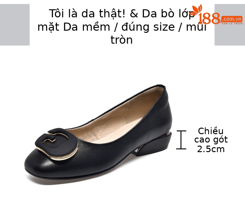 Giày bệt nữ da thật mũi tròn miệng nông đế mềm — Màu đen chi tiết 2