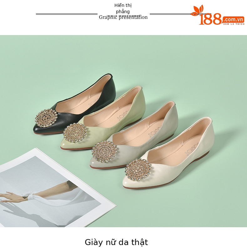 Giày bệt mũi nhọn nữ da thật đế mềm — Màu xanh lục nhạt chi tiết 13