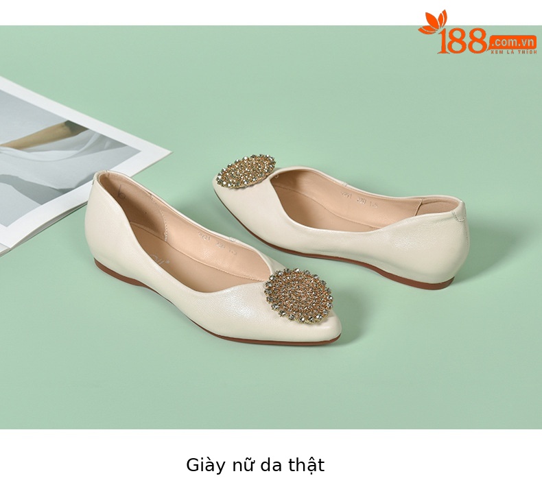 Giày bệt mũi nhọn nữ da thật đế mềm — Màu xanh lục nhạt chi tiết 15